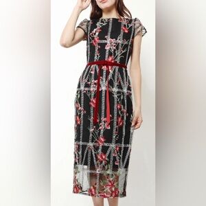 NWT Kaimilan Embroidered Midi Mesh Cap Sleeve Dress in Black w Red Floral - Sz 6